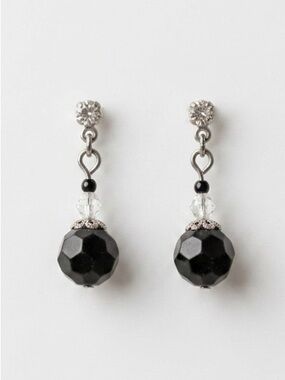 Vintage Silver Tone Black Beaded Dangle Earrings With Rhinestone Accent
